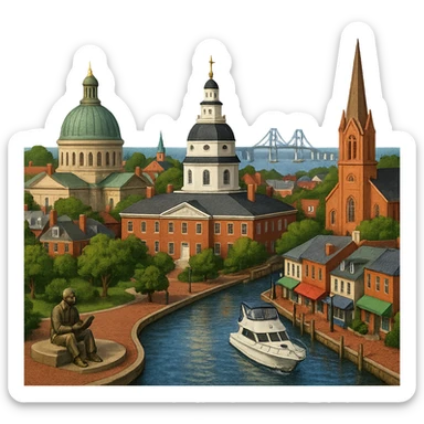 cinematic realistic emoji of Annapolis, wide city view with iconic landmarks: Maryland State House, United States Naval Academy Chapel, Ego Alley, St. Anne's Church, Kunta Kinte-Alex Haley Memorial, and the Chesapeake Bay Bridge in the distance. Lifelike detail, accurate colors, bright daytime lighting, no sky, no clouds, no city name label, transparent background sticker
