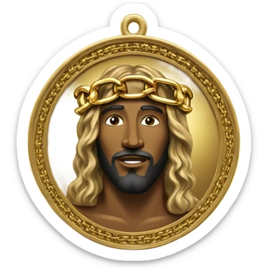 A gold chain attached to a gold and platinum medallion with the face of Black Jesus smiling. sticker