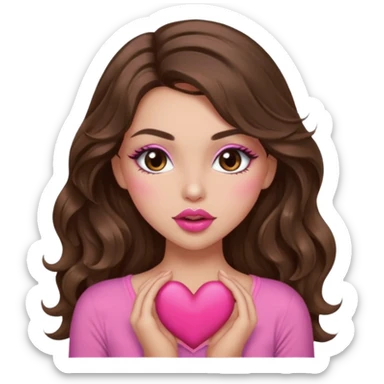 girl with long wavy brown hair, brown eyes, long lashes makeup, sexy pink lips, light to medium complexion, wearing a pink sexy top, sexy , puckering, blushing, kissing a heart sexy sticker