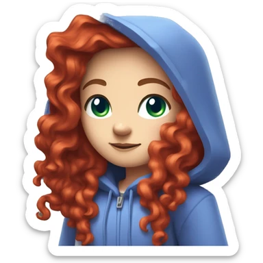 a white girl with long red curly hair, wearing periwinkle Minecraft hoodie playing a videogame sticker