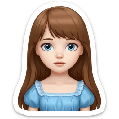 A pale girl with very long brown hair with bangs and a layer longer than that, wearing a cute sky blue dress and cute doll makeup.  sticker