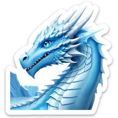 Cinematic Noble wise elegant Ice Dragon Portrait Emoji, Poised and imposing, distinct long elegant snout, with a slender, scaled body shimmering in glacial hues of icy blue, frostbitten silver, and crystalline white, breathing out frost, with piercing, glowing ice blue white eyes that radiate the chilling depths of an arctic storm; rendered in detail. excuding wisdom sticker