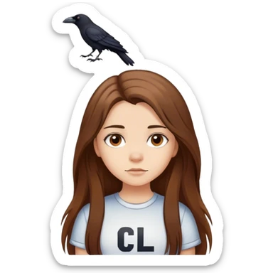 Young Girl with long brown hair wearing a shirt printed with the letters CL and a crow on it sticker