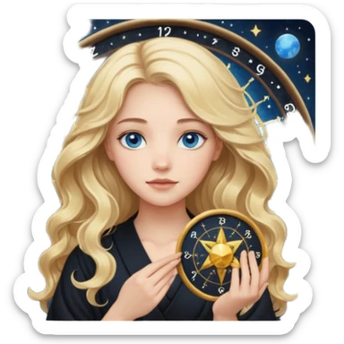 A long wavy haired blonde girl with blue eyes, wearing black, holding astrology natal chart. sticker