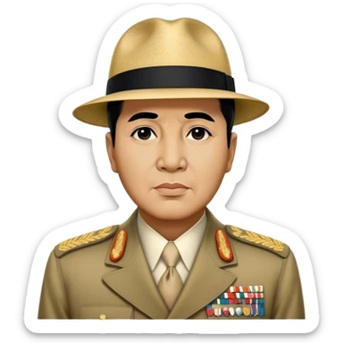 ​Cinematic Realistic Portrait of Sukarno, depicted in a lifelike, realistic style based on his iconic portrait, showcasing his thoughtful, charismatic expression in period attire, rendered with detailed textures and warm, evocative lighting that captures his pioneering spirit and national pride, sticker