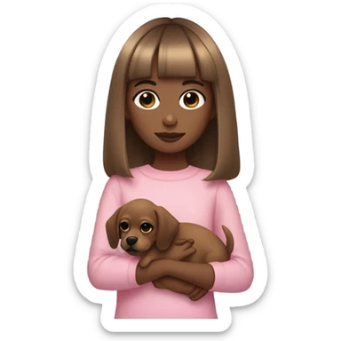 girl with straight light brown hair with a bang a little above her eyebrows holding a black chiguagua puppy, pink aesthetic sticker