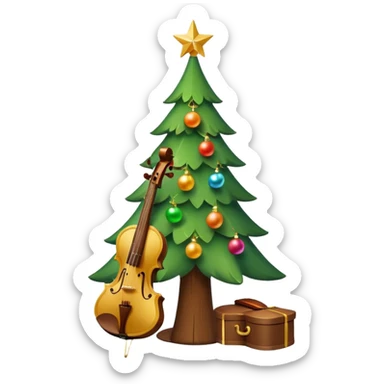 A cute, minimal emoji-style Christmas tree with a bright green triangular shape, decorated with a simple glowing light garland and round colorful baubles, a wooden violin replacing the trunk, and a small playful monkey sitting at the very top carefully placing a golden Christmas star sticker