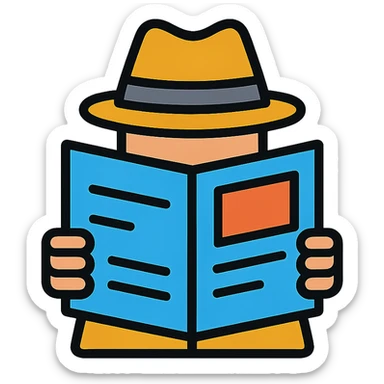 detective holding a newspaper in front of their face, only the detective's hat visible above the newspaper, color outline icon style sticker