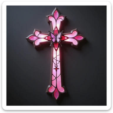 realistic gothic cross, pink with stained glass and butterfly accents, photorealistic style, no background sticker