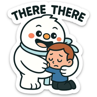 Add the words 'there there' going through the head of the Abominable Snowman as he hugs the much smaller kid, keep the background transparent. The style should resemble the original image's look and feel. sticker