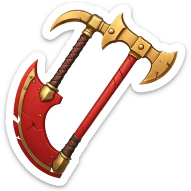 Ares battle axe object icon, ancient Greek war god axe, double-bladed heavy axe, red and gold metal, battle-worn scratches, glowing red accents, 3D cartoon, mobile game icon style, centered, clean background, soft shadow, no text, no watermark

 sticker