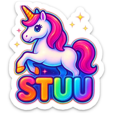 Add a bold neon glow to the 3D block 'STU 🦄' and the cartoon unicorn, with vibrant neon outlines and sparkles, keep the background transparent for Discord. sticker