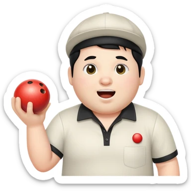A white chubby man with black hair a cap who likes bowling singing, video games and sushi sticker