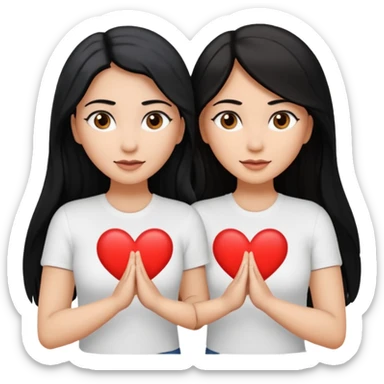 Dos mujeres juntas que una sea de color trigueña y de color blanca, cabello largo negro sea la de piel blanca y la de piel trigueña cabello castaño raya en medio, tengan polo blanco, que hagan  con su mano formando un corazon sticker