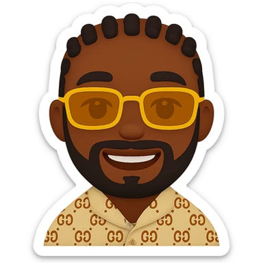 Create an emoji style smiley with a younger face, slimmer head, dark skin, small black braids, beard and mustache, rectangular golden sunglasses, beige top with GG pattern and visible collar. The background should be transparent. The style should resemble emoji style. sticker