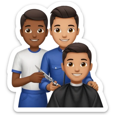 Barber cutting teenage boys hair. Show the boy sat in black barber chair and both having smiles on their faces. Both have dark hair sticker