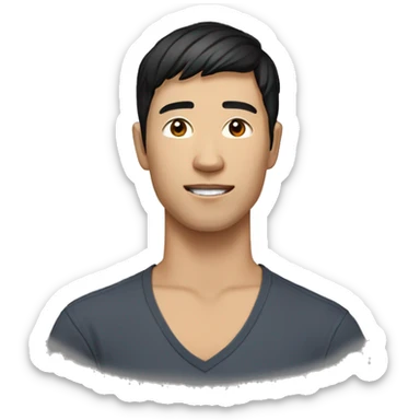 A head and shoulders shot of a 32 year old Asian man, with short black hair,   with brown eyes wearing a t-shirt. sticker