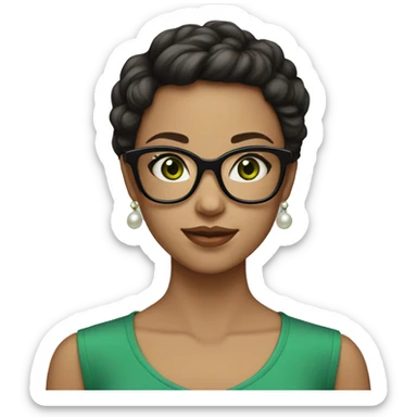 Girl with fair skin, short dark hair, big green square eyeglasses, pearl earrings  sticker