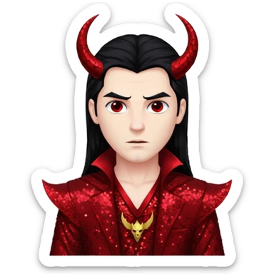 Lucifer from The Bible with long black hair, dark red sequin outfit sticker