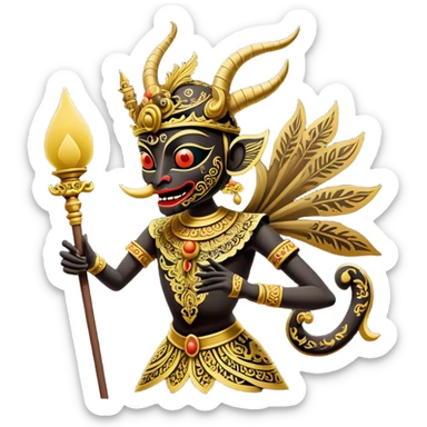 Wayang – Cinematic Realistic Wayang, depicted as intricately carved traditional Indonesian shadow puppets with expressive features and vibrant cultural motifs, set against a dark, dramatic backdrop with subtle glowing highlights that evoke the mystical art of shadow play. sticker