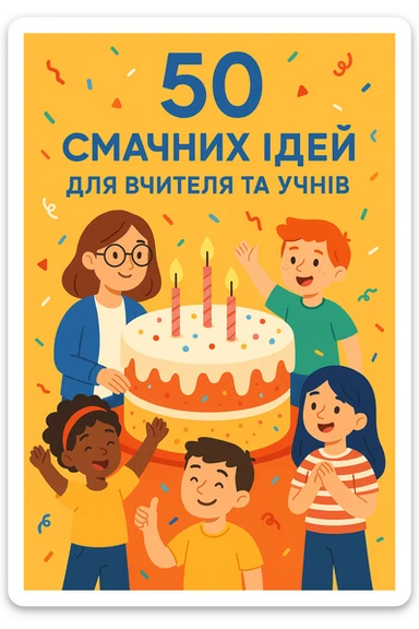 Cover of a guidebook with Ukrainian text: '50 смачних ідей для вчителя та учнів'. Modern style, central illustration of a large cake surrounded by children and a teacher, festive design, modern typography. sticker