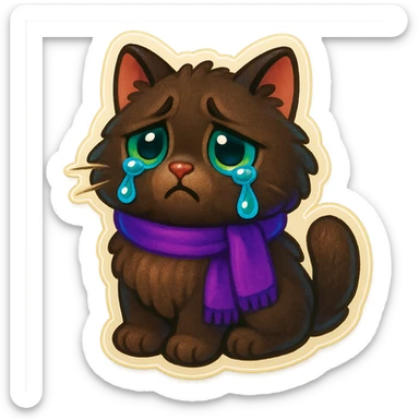 Fluffy sad crying cute dark-brown cat with green eyes and a purple scarf  sticker