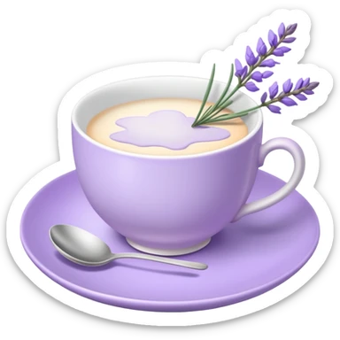 White teacup on a pastel purple plate, lavender flowers on the side, pastelcore aesthetic sticker