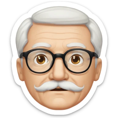 An elderly man with white hair and mustache, wearing black glasses sticker