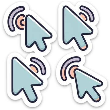 mouse cursor in icon-color-outlined style with shadows and highlights, thin clean contours, soft rounded shapes, pastel palette #98B5BC, #B5B3C1, #C9A3C9, #E4C0CA, #F7DCD1, #F7C0AA, modern Japanese pop art and sticker aesthetic, soft lighting, transparent background, cursor appearing to click with wave effect, multiple pose and angle variations sticker