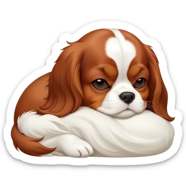 Cinematic cute Sleeping Cavalier King Charles Spaniel Portrait Emoji, cute and serene, with a round, endearing build and a plush, silky coat of rich chestnut and white, eyes gently closed in peaceful slumber, Simplified yet irresistibly endearing features, highly detailed, glowing with a gentle, dreamy glow, high shine, relaxed and content, stylized with a touch of whimsy, bright and heartwarming, soft glowing outline, capturing the essence of a blissfully sleepy companion, so comically serene it feels like it could roll out of the screen and snore with adorable charm! sticker