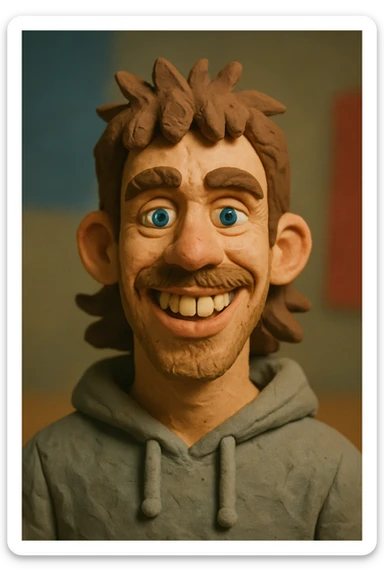 20 year old man, short scruffy beard and thin moustache, brown puffy mullet, blue eyes, big smile, white teeth, big lips, pronounced jaw, hair longer in back, sticking up on top, thin face, grey hooded sweatshirt, blue eyes sticker