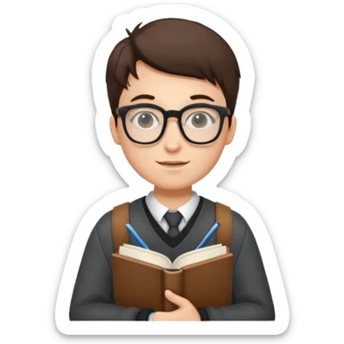 A student wearing glasses, hold book in front of their chest sticker