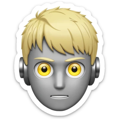minimalistic emoji of Genos from One Punch Man, metallic features, yellow eyes, simple robot style sticker