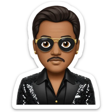 Charlie Wilson with dark brown hair, black sequin outfit sticker