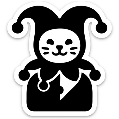 crazy cute little cat jolly joker from poker, medieval, vintage, court jester, mac os icon, purple, gold and red color, head + torso. Squared shape as 3D mac os system icon, symmetrical sticker