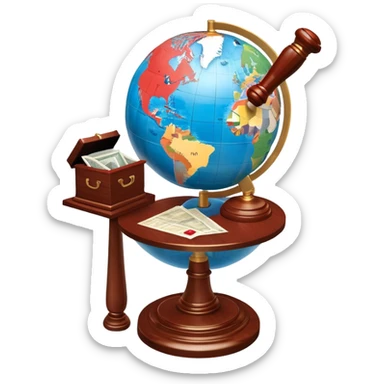 An icon featuring a globe with a gavel and a political map, symbolizing political science. The design includes a ballot box and a podium, representing democracy and governance. Transparent background highlights the study of political systems and global relations. sticker