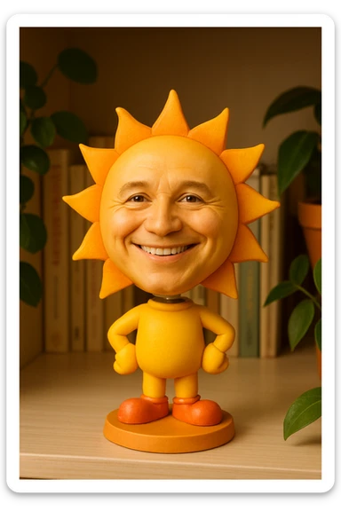 a smiling sun bobblehead, cartoonish style, bright colors, cheerful expression sticker
