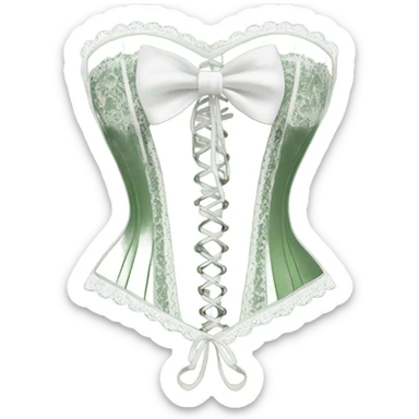Sage green corset with white lace and bows, isolated sticker