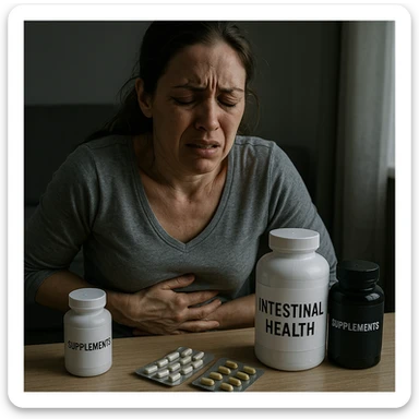 hyper realistic image of a woman with a suffering expression caused by supplements that severely damage intestinal well-being, clinical details, visible supplement packages, negative atmosphere, domestic environment sticker
