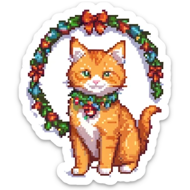 minimalist pixel art of an orange cat with a Christmas garland like on a New Year tree, gaming style sticker
