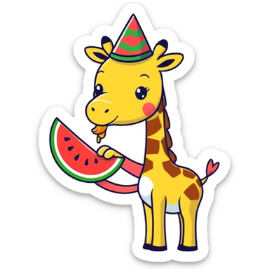 baby giraffe eating chicken while wearing a watermelon hat sticker