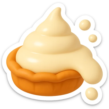 Refine the cream drip on the right-hand side and the 1-2 small cream splatters in the top right corner to closely match the smooth, rounded style, lighting, and placement of the other pie splatter designs. Keep the playful 3D emoji style, golden brown crust, transparent background, and main cream part intact. sticker