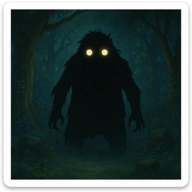 mysterious shadowy monster with glowing eyes in a magical forest background in ghibli style sticker