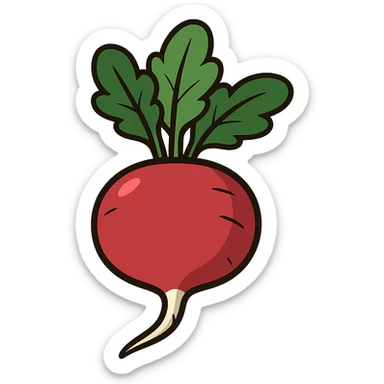 flat style icon of a large radish with simple shapes, saturated colors, and a big root sticker