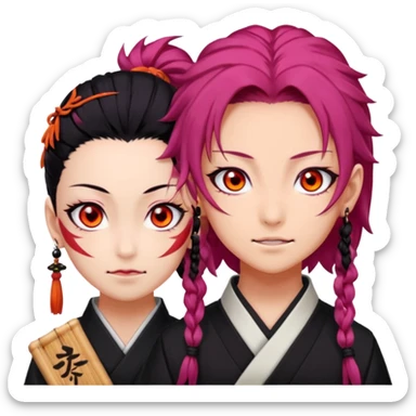 tanjiro: Kind red eyes, black hair with burgundy tips, forehead scar, tanned skin, Hanafuda earrings.                             nezuko:   Pink eyes, black-orange hair, fangs, bamboo muzzle. sticker