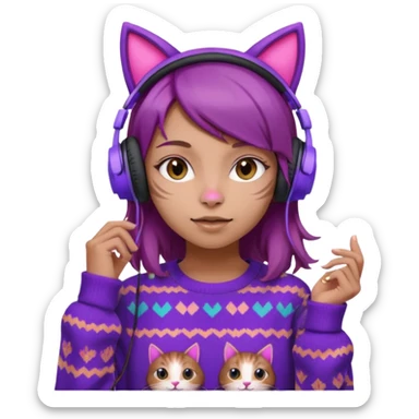 une fille avec des écouteurs de chat rose et des cheveux brun qui est crazy  chandaille mauve  sticker
