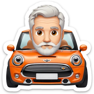 Grey haired bearded man driving a modern orange Mini Cooper sticker
