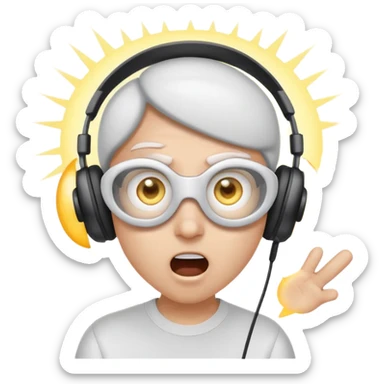 Cartoon character, surprised and blinded by flashbang, headset on, exaggerated eyes, bright white glowing effect, funny expression, Twitch emoji style, transparent background sticker