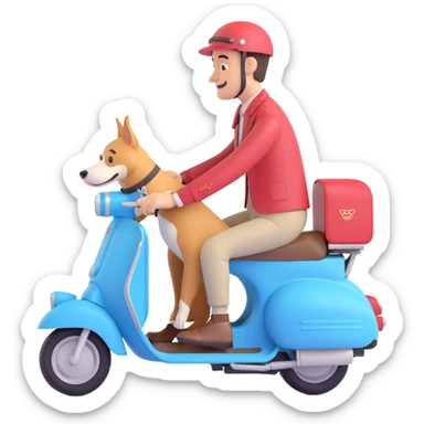 man and his pet dog riding a vespa sticker