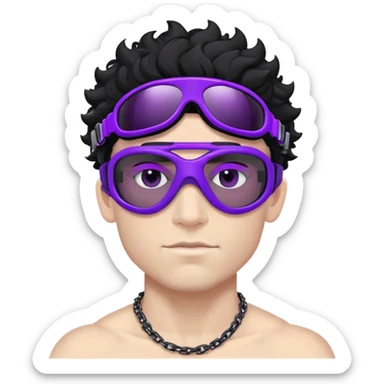 shirtless male athlete with white skin and moderately curly black hair on top with shaved sides, wearing ski goggles with purple frames/outline and very dark heavily tinted black lenses that completely hide the eyes, and a simple plain black chain necklace, no earrings sticker